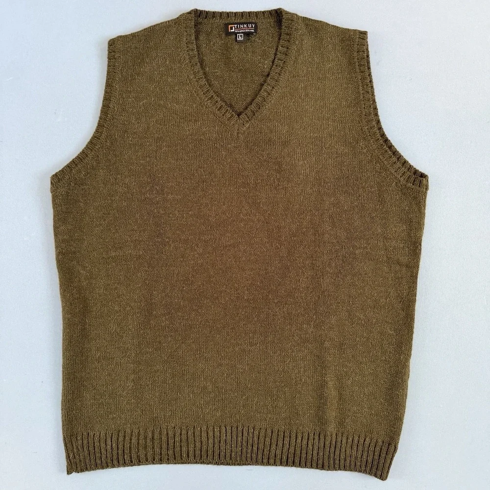 Tinkuy Peru Alpaca Wool Green Sleeveless V-Neck Mens Sweater Vest - Picture 1 of 4